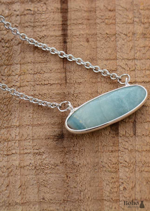 Boho Necklace, Blue Amazonite Pendant Silver Chain
